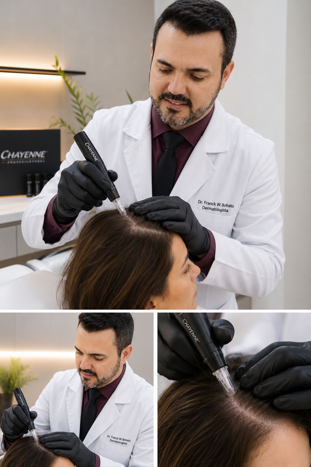 Dr. Franck Bobato, dermatologista, aplicando MMP Capilar em paciente na Inpelle