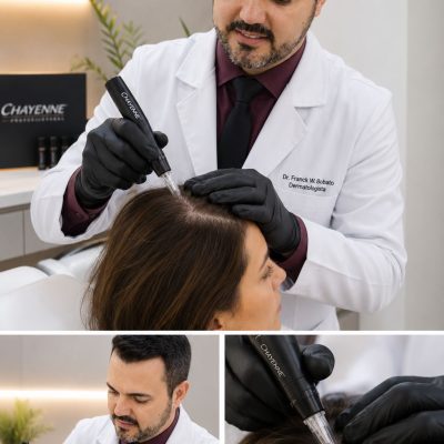 Dr. Franck Bobato, dermatologista, aplicando MMP Capilar em paciente na Inpelle